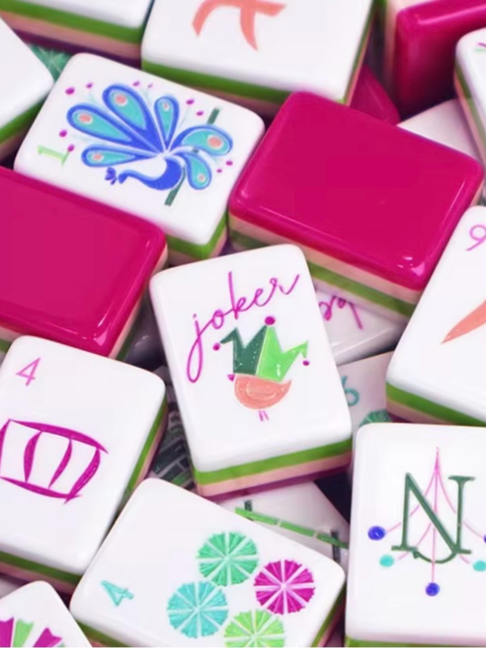 Bright Pink Mahjong Tile Set with green/pink stack Dice. Pretty, Preppy, fun